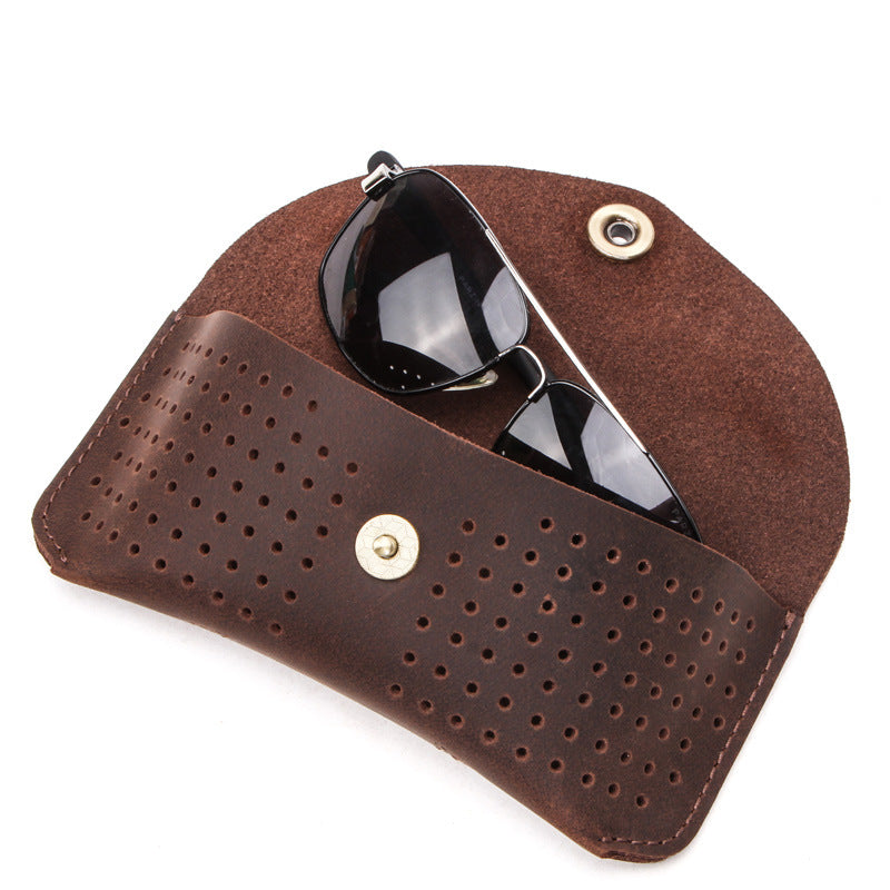 Men's Portable Top Layer Cowhide Hollow Glasses Storage Bag 