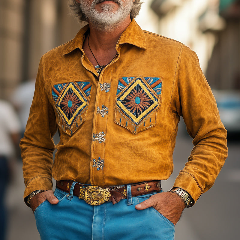Men's Vintage Embroidered Suede Casual Long Sleeve Shirt 