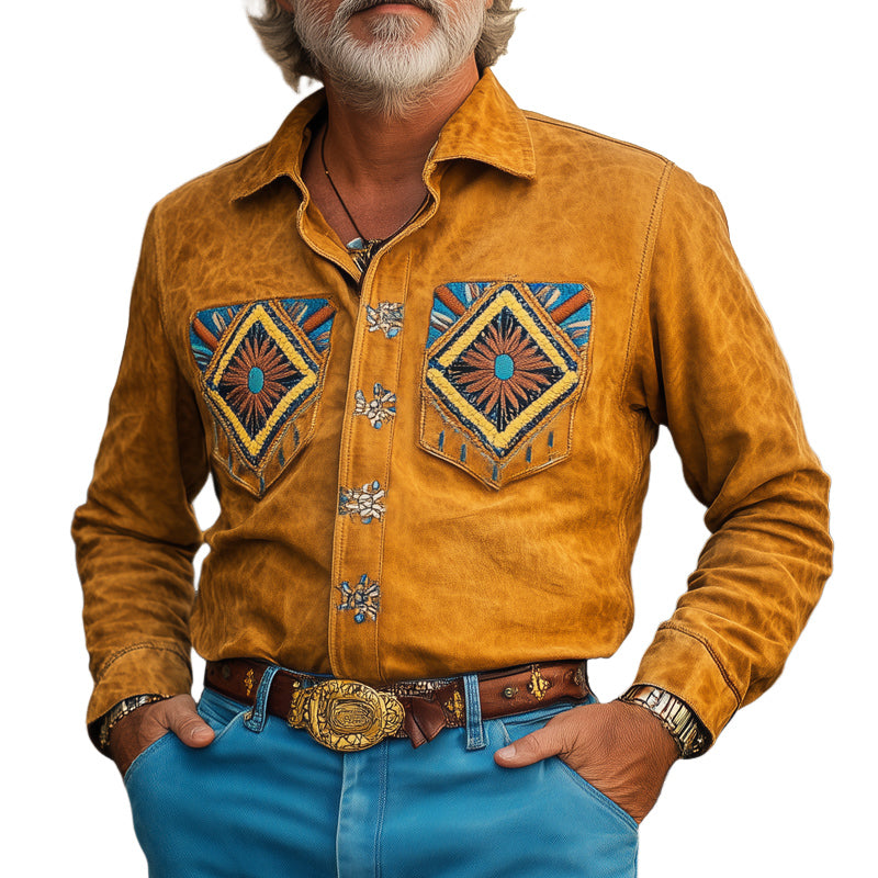 Men's Vintage Embroidered Suede Casual Long Sleeve Shirt 