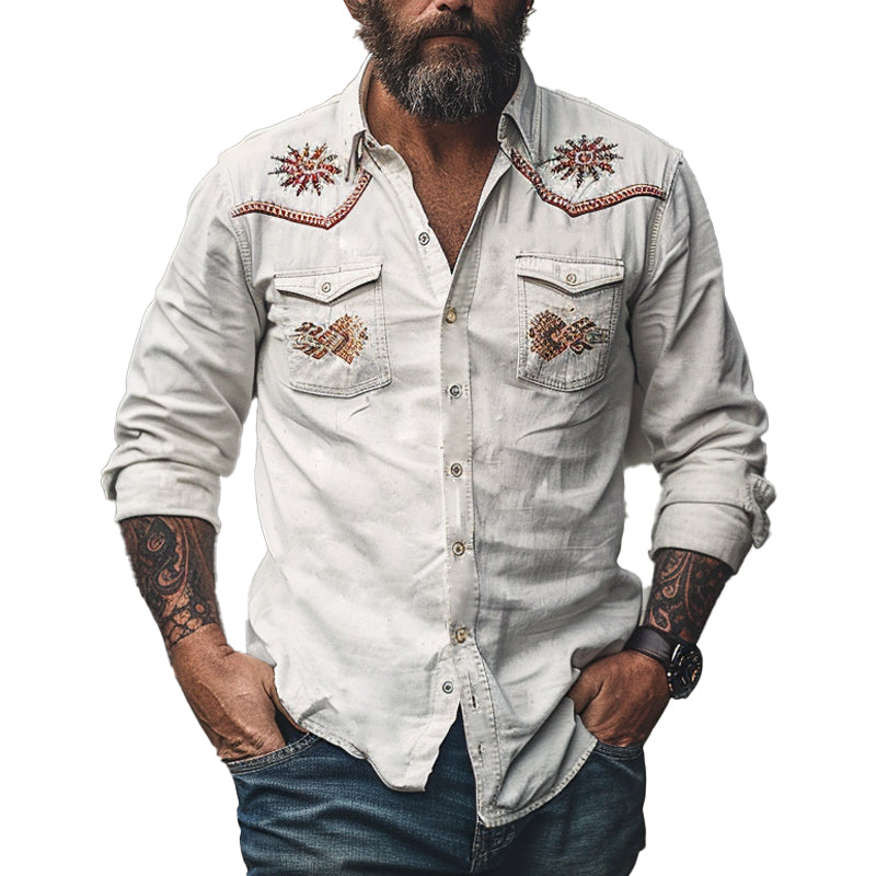 Men's Vintage Cotton Embroidered Long Sleeve Shirt 