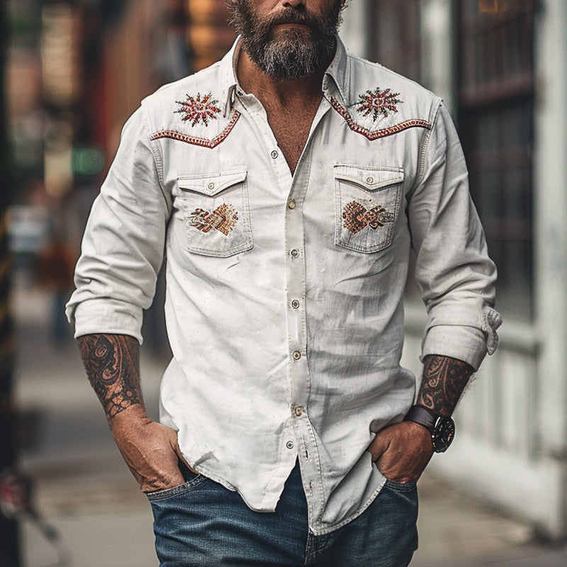 Men's Vintage Cotton Embroidered Long Sleeve Shirt 