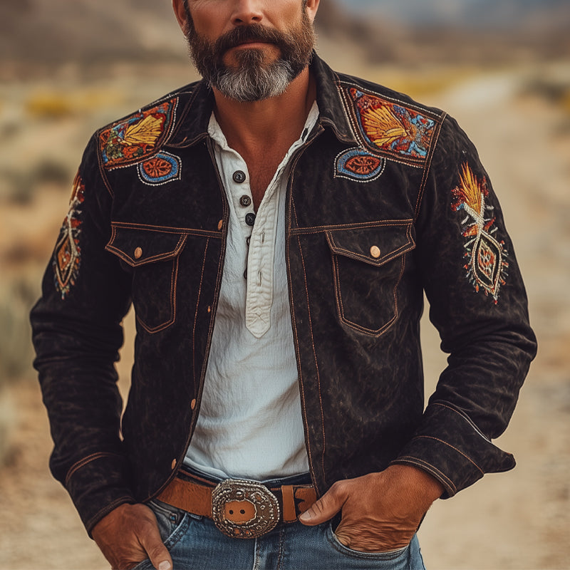 Men's Vintage Suede Embroidered Lapel Jacket 