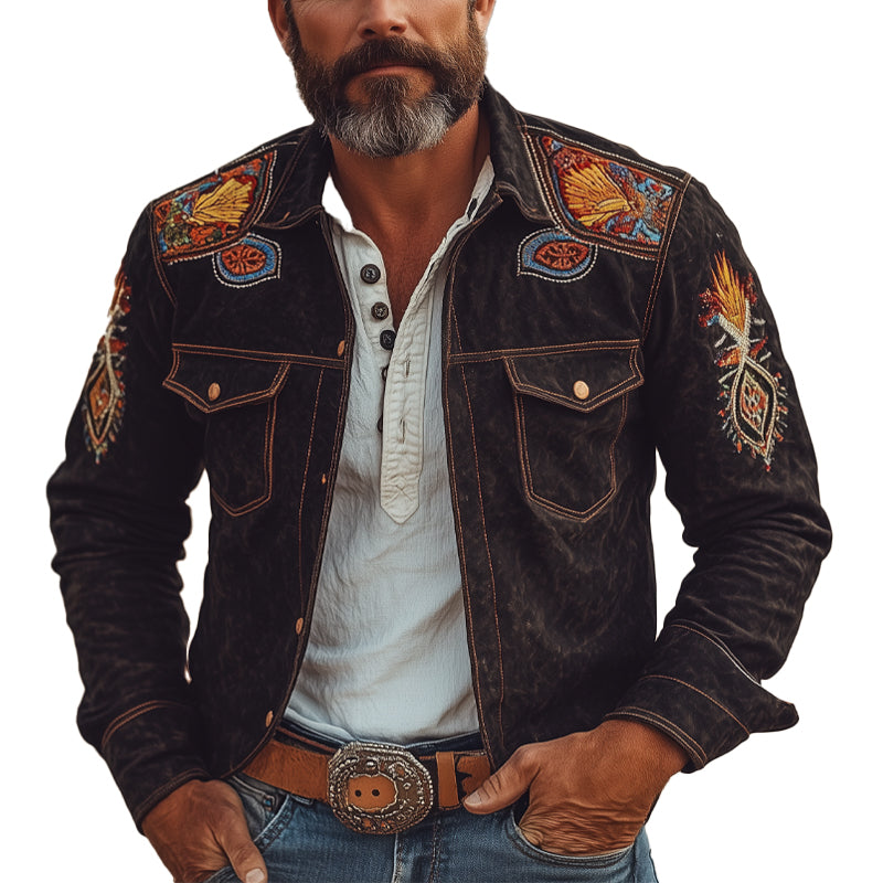 Men's Vintage Suede Embroidered Lapel Jacket 