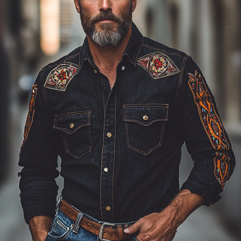 Men's Vintage Embroidered Lapel Long Sleeve Denim Shirt 