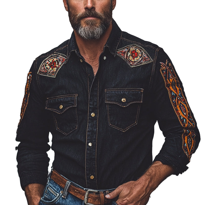 Men's Vintage Embroidered Lapel Long Sleeve Denim Shirt 