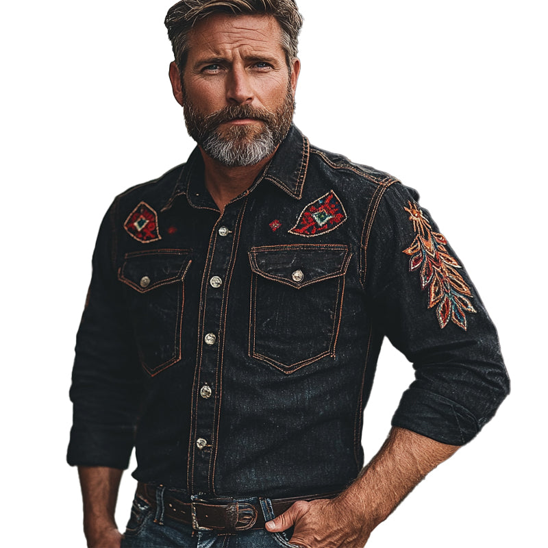 Men's Vintage Embroidered Long Sleeve Denim Shirt
