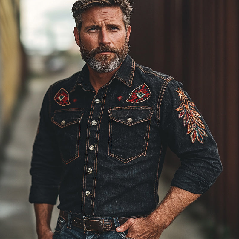 Men's Vintage Embroidered Long Sleeve Denim Shirt