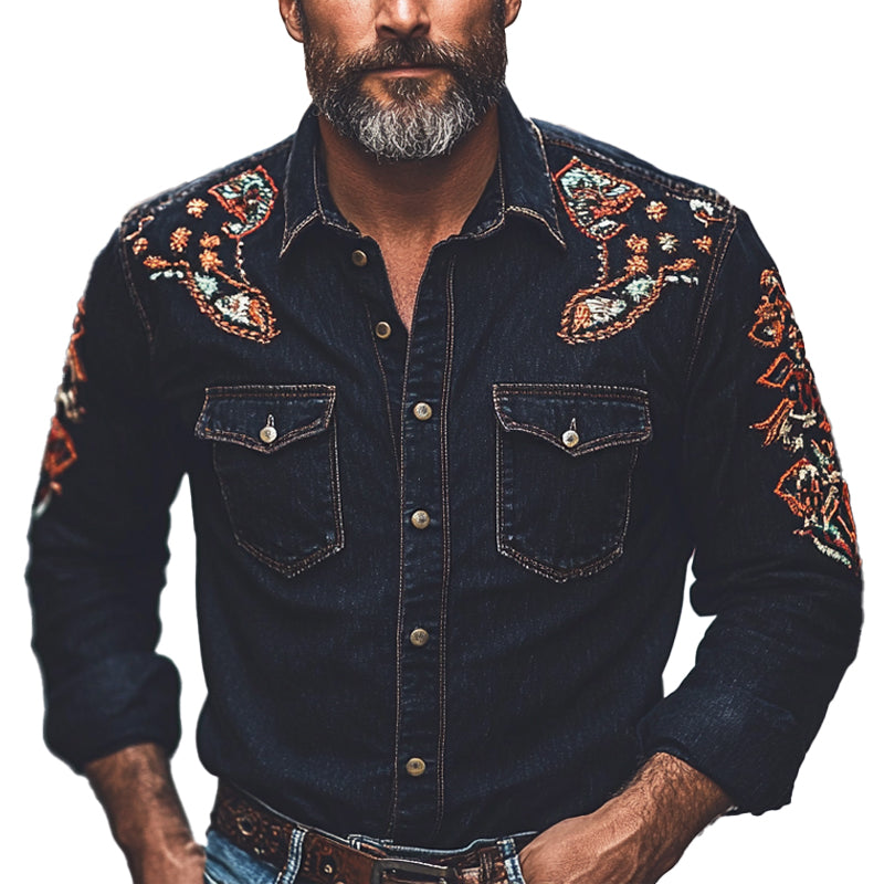 Men's Vintage Embroidered Long Sleeve Denim Shirt 
