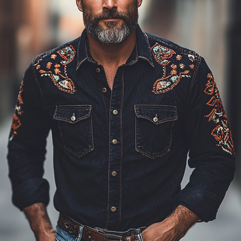 Men's Vintage Embroidered Long Sleeve Denim Shirt 