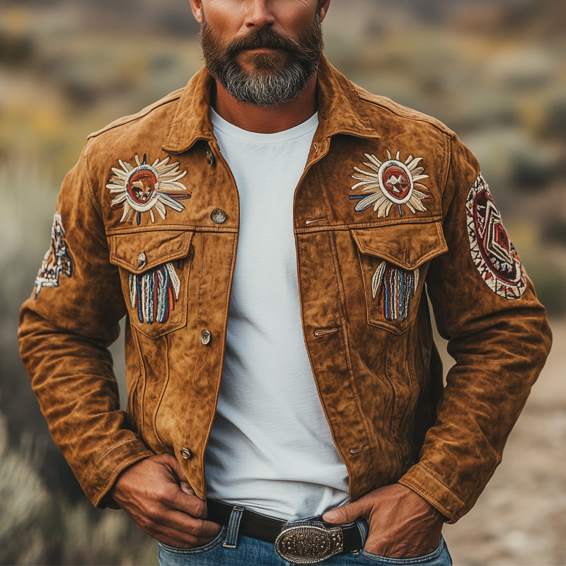 Men's Vintage Embroidered Suede Light Jacket 