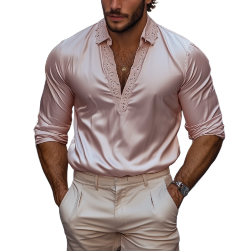 Men's Fashion Casual Slim Fit Lace and Satin Splicing Deep V Neck Long Sleeve Shirt