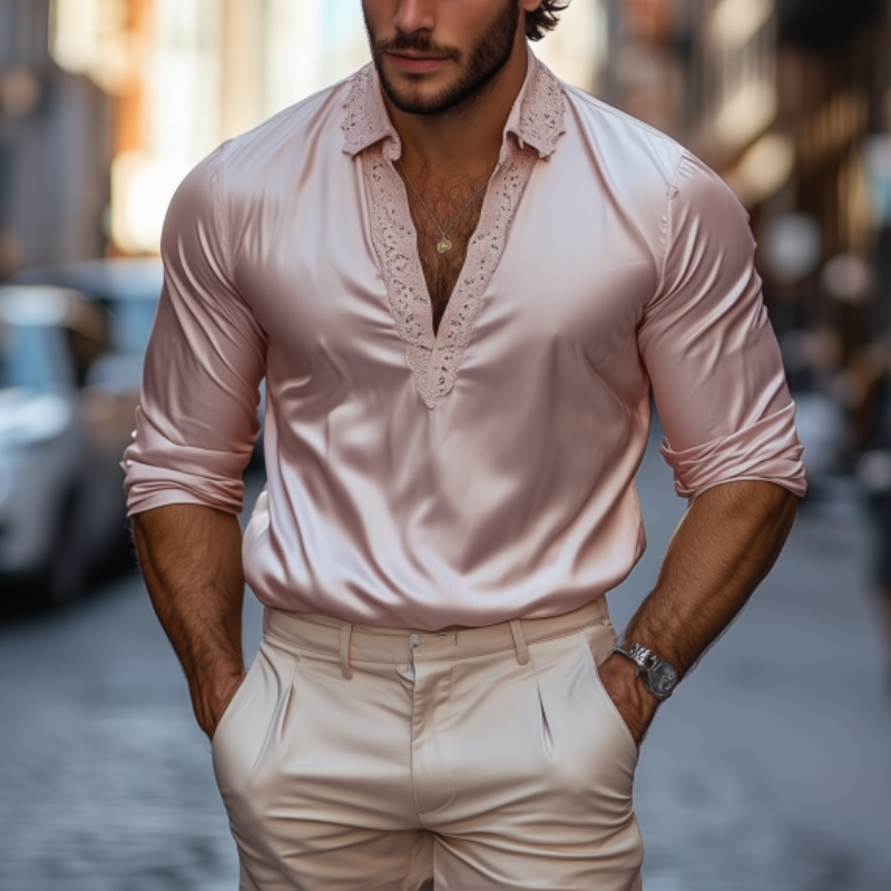 Men's Fashion Casual Slim Fit Lace and Satin Splicing Deep V Neck Long Sleeve Shirt