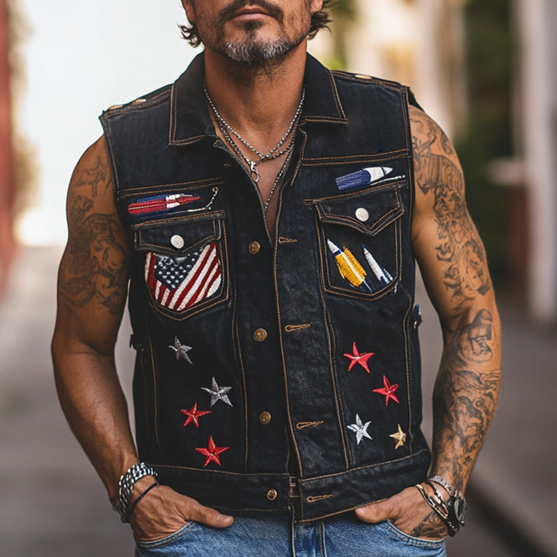 Men's Stylish Embroidered Denim Vest 