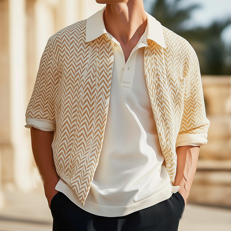Men's Orange Spring and Autumn Lapel Casual Knitted Cardigan 
