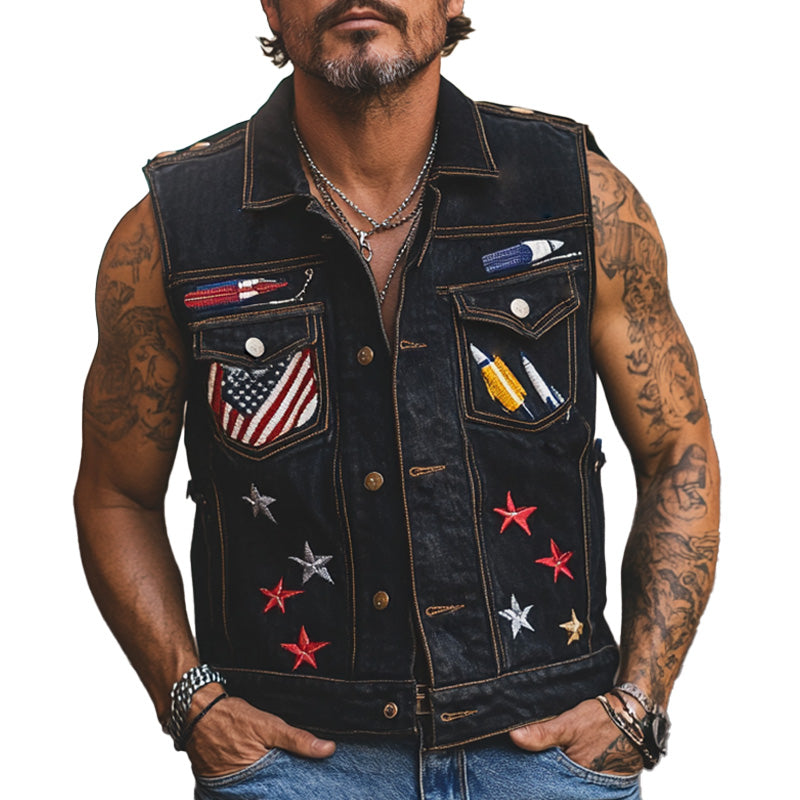 Men's Stylish Embroidered Denim Vest 