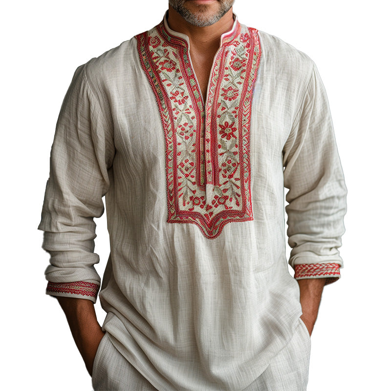 Men's Casual Embroidered Long Sleeve Open Collar Shirt 