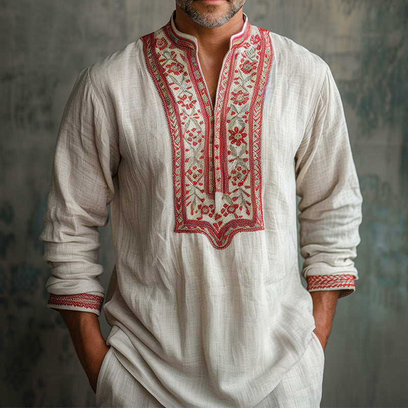 Men's Casual Embroidered Long Sleeve Open Collar Shirt 