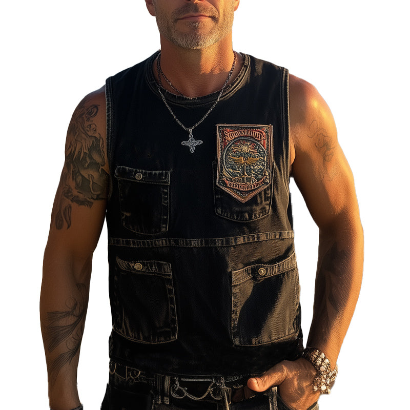 Men's Summer Retro Washed Distressed Denim Embroidered Tank Top 