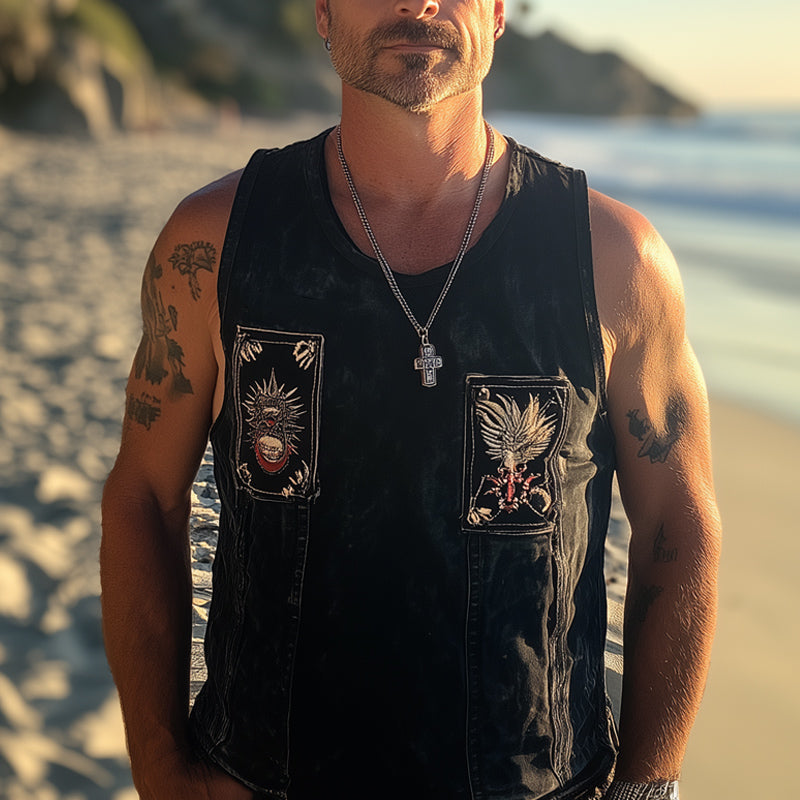 Men's Summer Retro Washed Distressed Denim Embroidered Tank Top 