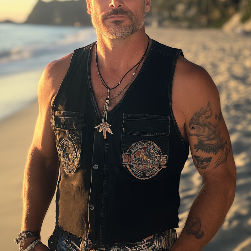 Men's Summer Retro Washed Distressed Denim Embroidered Vest 