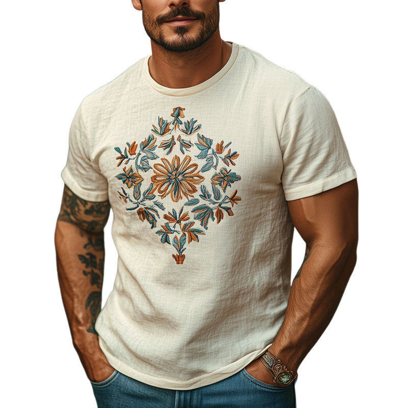 Men's Casual Skin-Friendly Cotton And Linen Embroidered T-Shirt 