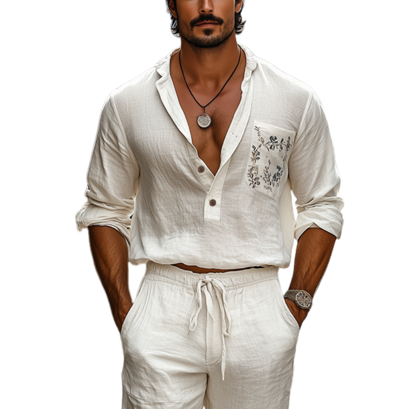 Men's Spring and Summer Casual Deep V-Neck Cotton and Linen Embroidered Long Sleeve Shirt