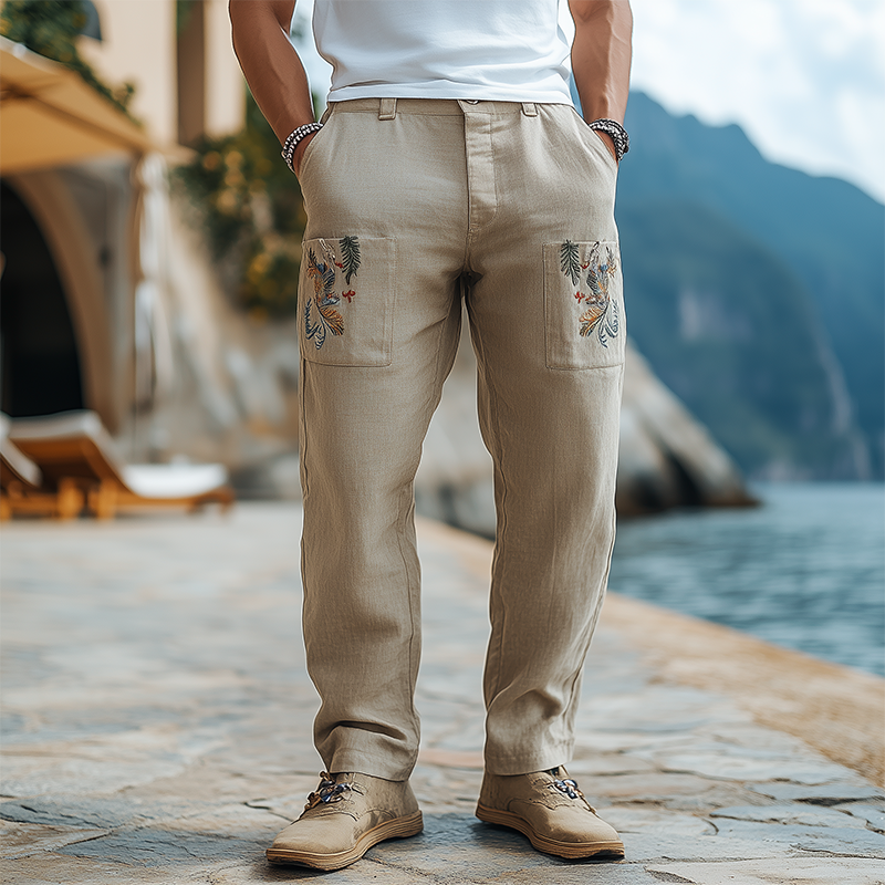 Men's Spring and Summer Retro Personalized Cotton and Linen Embroidered Casual Pants