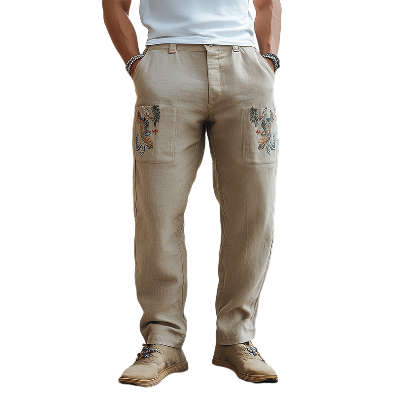 Men's Spring and Summer Retro Personalized Cotton and Linen Embroidered Casual Pants