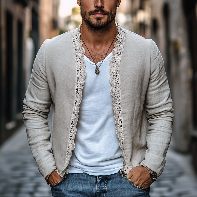 Men's Spring New Retro Casual Ethnic Style Lace Stitching Cotton and Linen Cardigan 