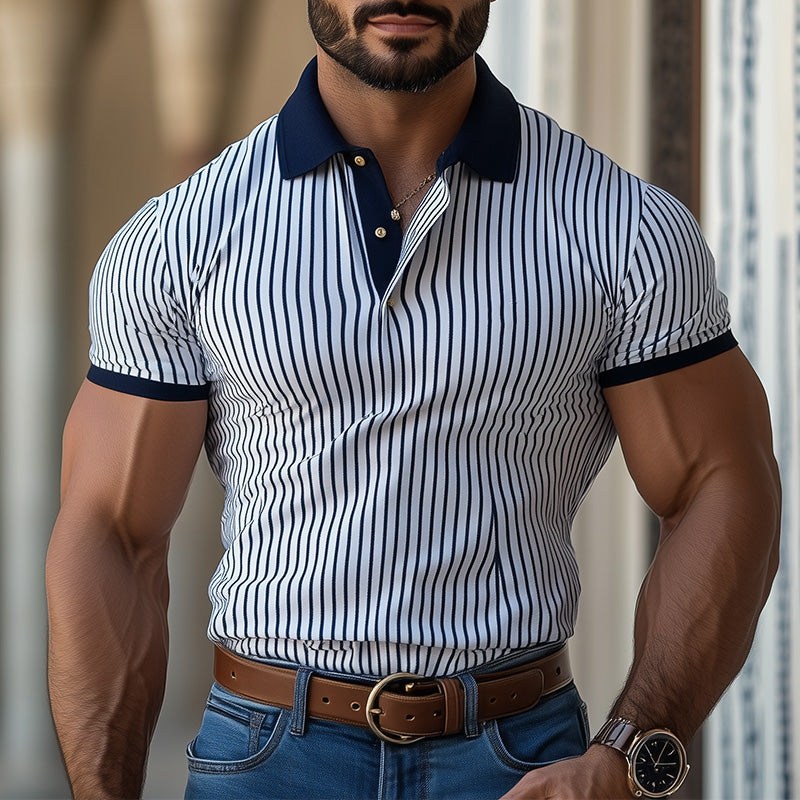 Men's Vertical Striped Slim Fit Short-Sleeved Polo Shirt 