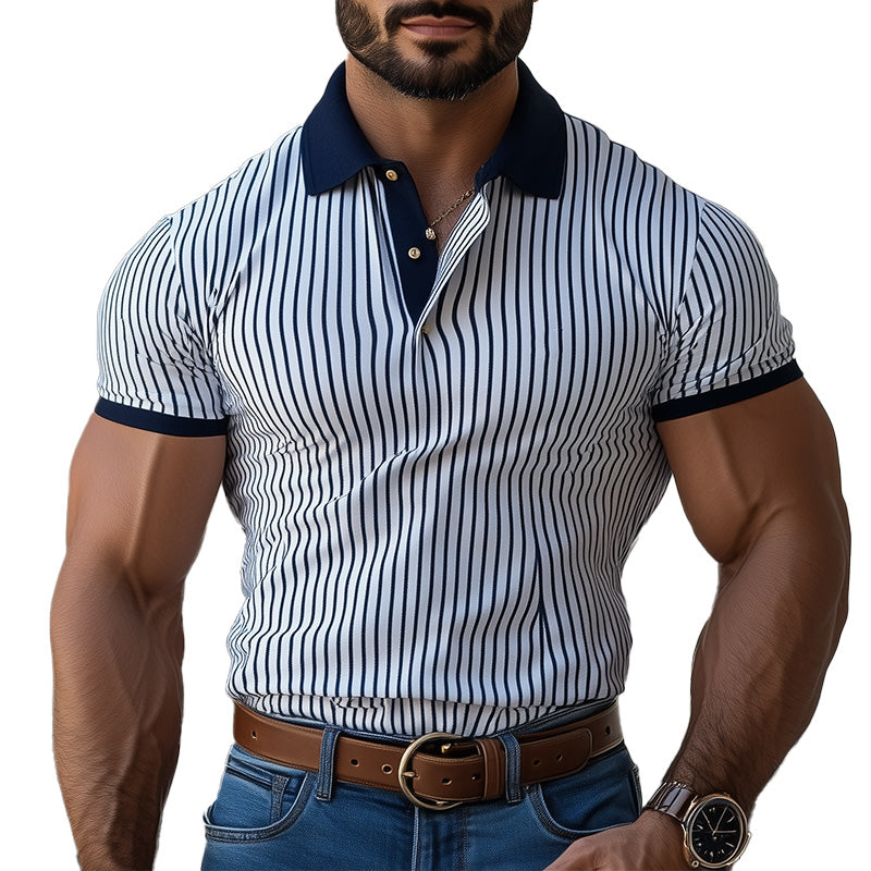 Men's Vertical Striped Slim Fit Short-Sleeved Polo Shirt 