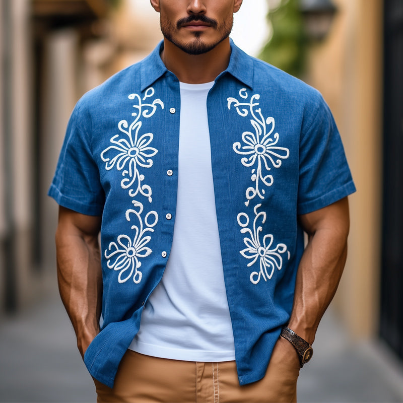 Men's Casual Cotton Vintage Embroidered Short Sleeve Shirt 