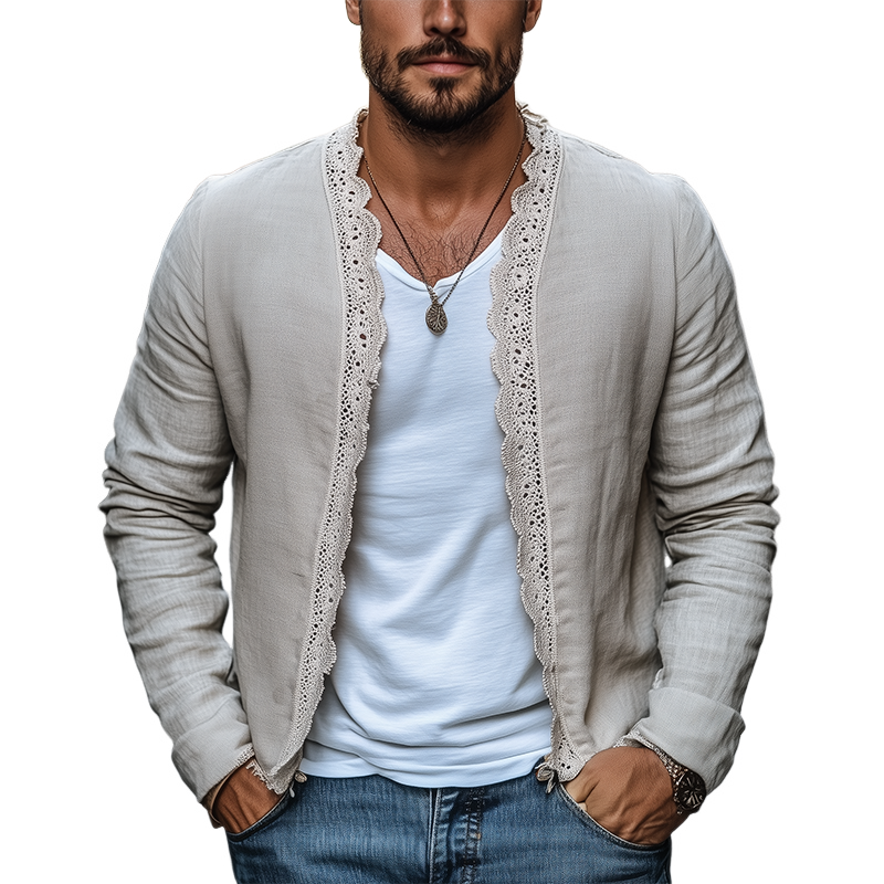 Men's Spring New Retro Casual Ethnic Style Lace Stitching Cotton and Linen Cardigan 