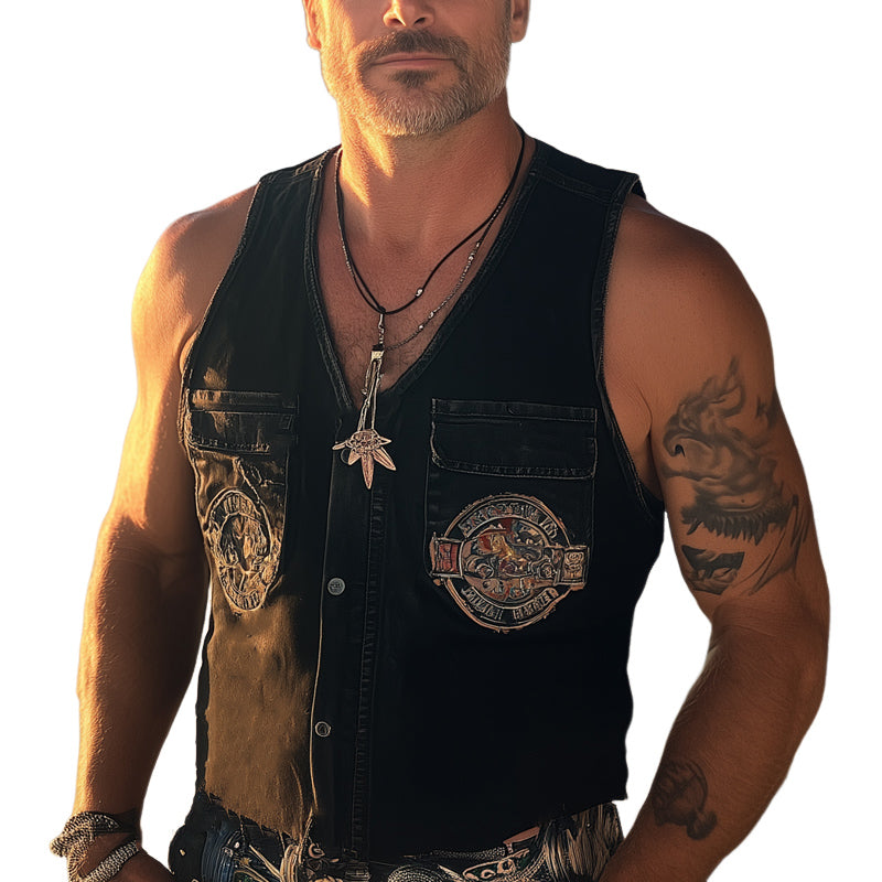 Men's Summer Retro Washed Distressed Denim Embroidered Vest 