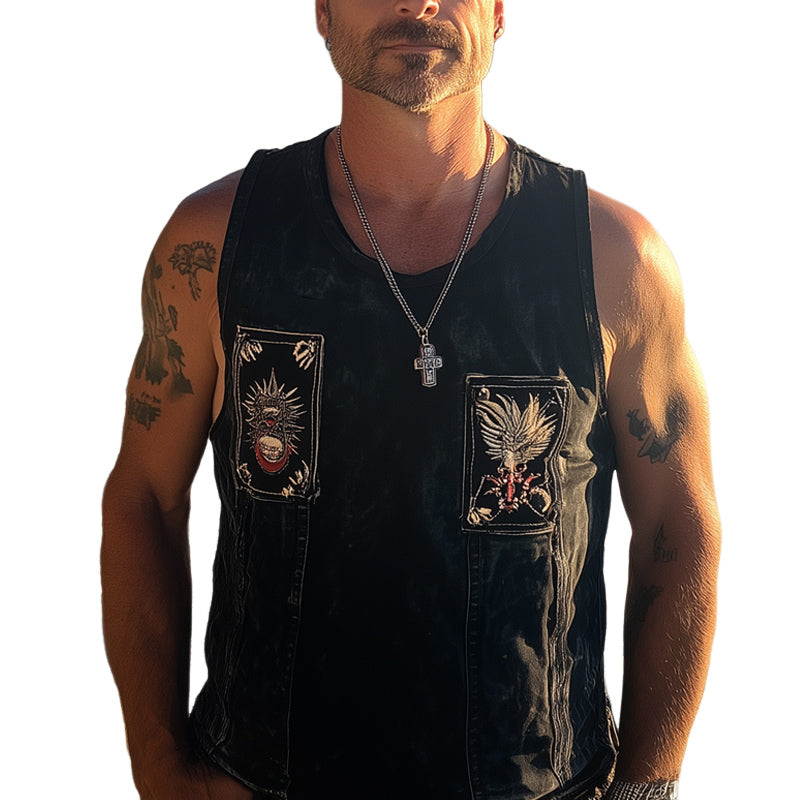 Men's Summer Retro Washed Distressed Denim Embroidered Tank Top 