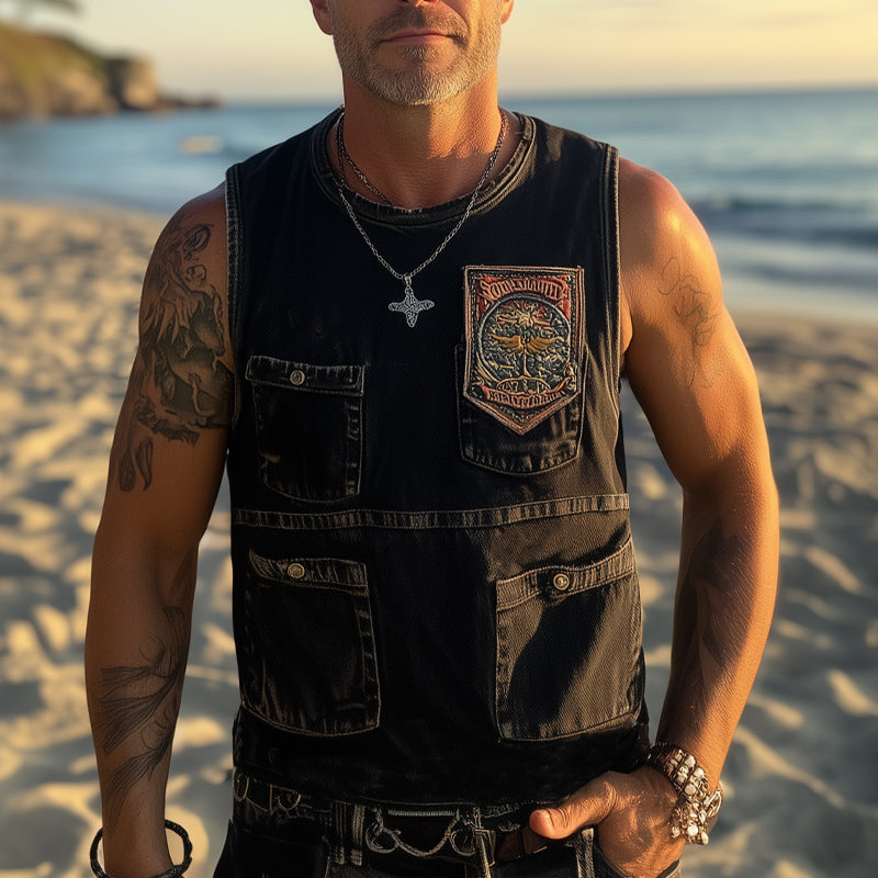 Men's Summer Retro Washed Distressed Denim Embroidered Tank Top 