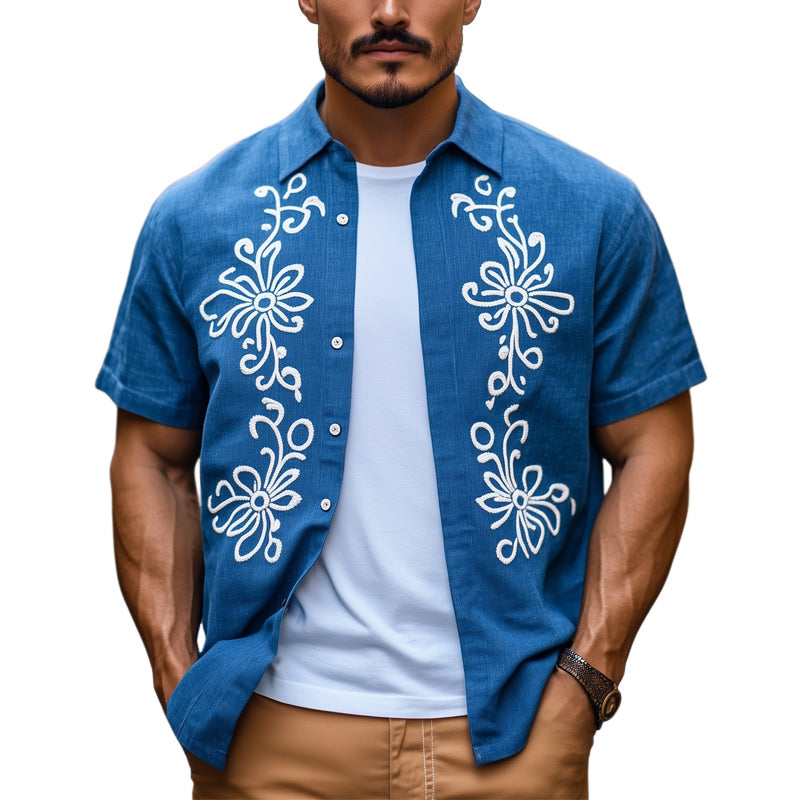Men's Casual Cotton Vintage Embroidered Short Sleeve Shirt 