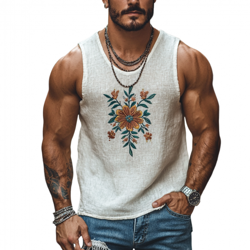 Men's Casual U-Neck Linen Floral Embroidered Slim Fit Tank Top 