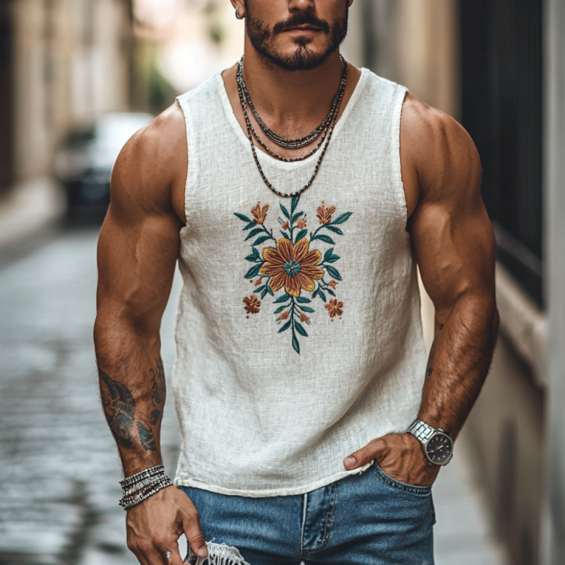 Men's Casual U-Neck Linen Floral Embroidered Slim Fit Tank Top 