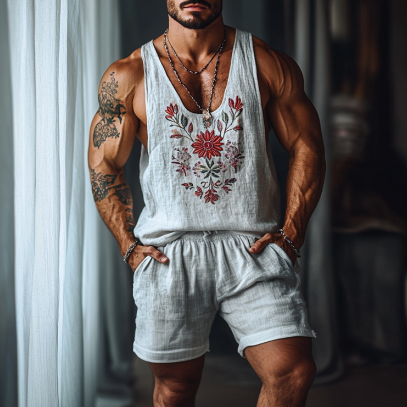 Men's Casual Linen Flower Embroidery U-Neck Loose Tank Top Elastic Waist Shorts Set 