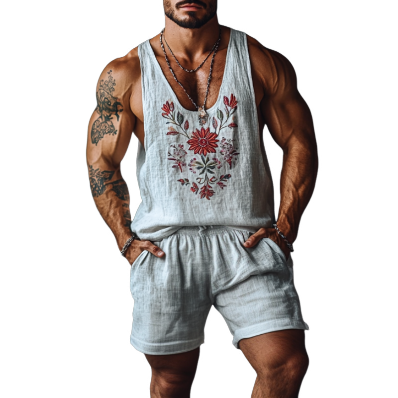 Men's Casual Linen Flower Embroidery U-Neck Loose Tank Top Elastic Waist Shorts Set 