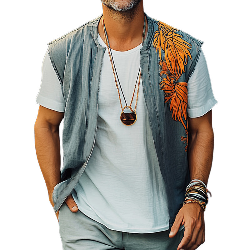 Men's Summer Washed Denim Colorblock Embroidered Vest 