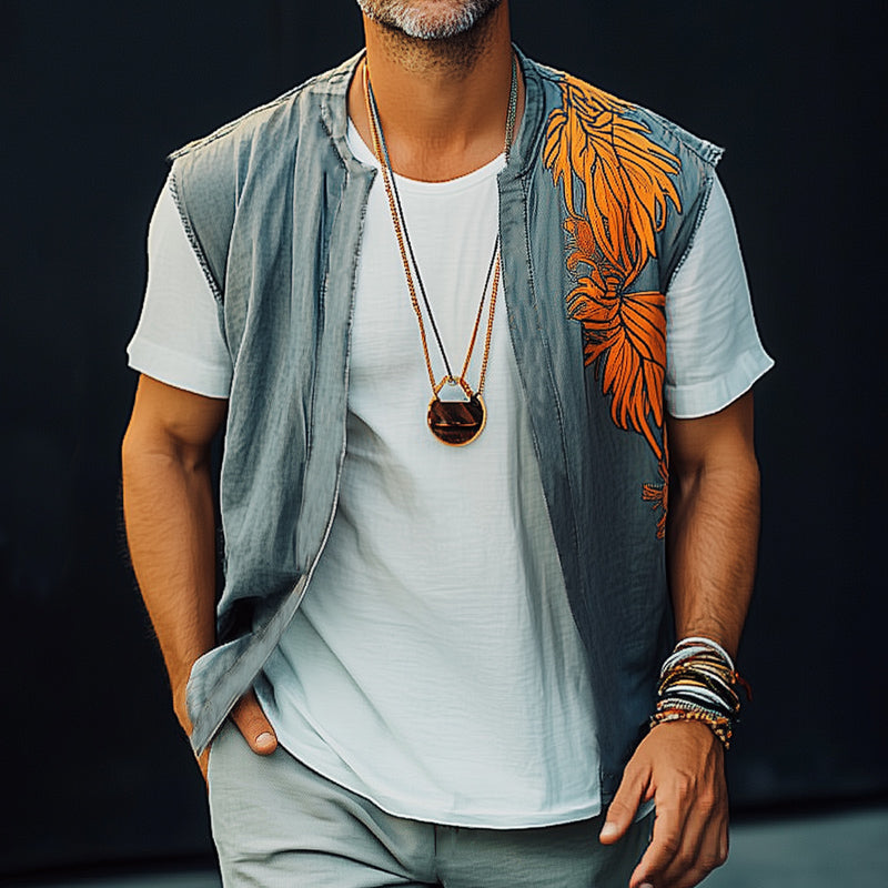Men's Summer Washed Denim Colorblock Embroidered Vest 
