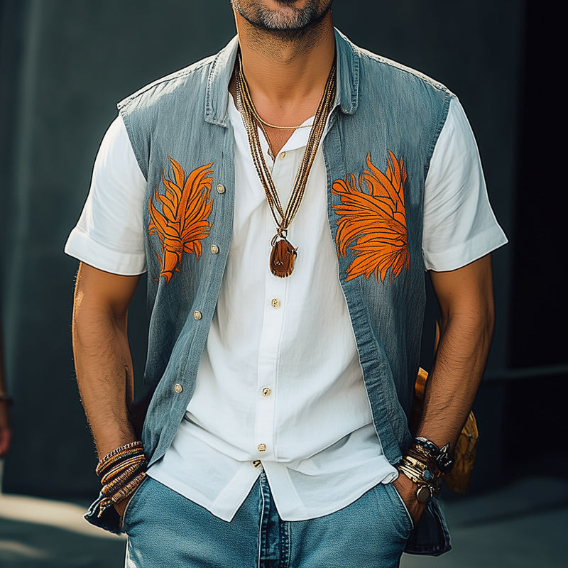 Men's Summer Washed Denim Colorblock Embroidered Vest 