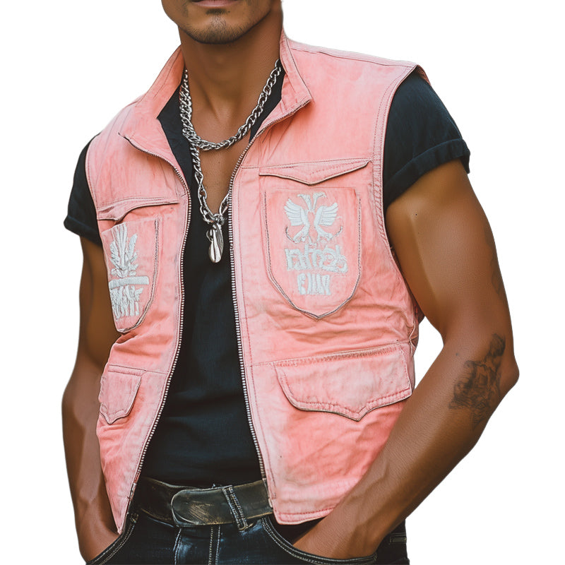 Men's Fresh Pink Faded Denim Embroidered Vest 