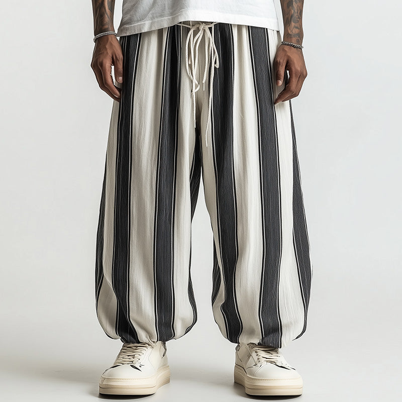 Men's Black And White Wide Striped Casual Trousers 