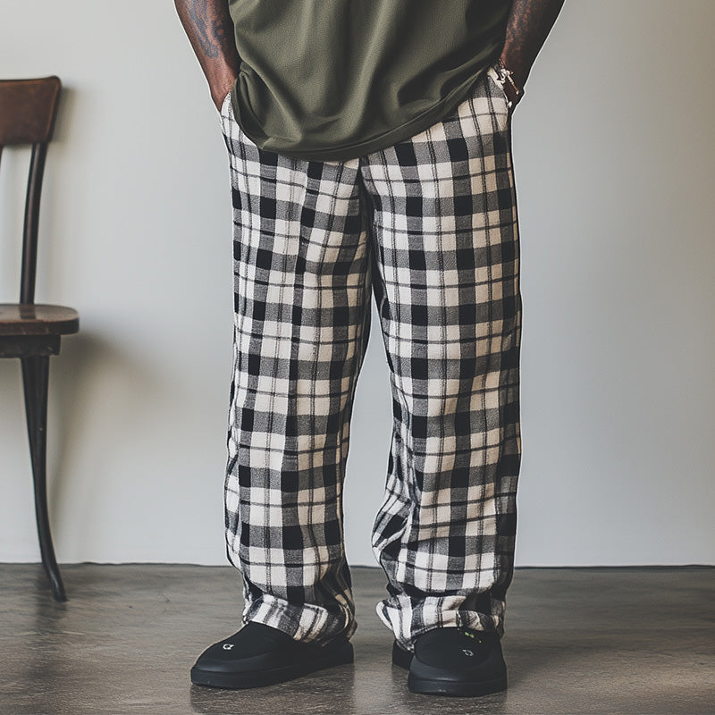 Men's Check Print Linen Casual Trousers 