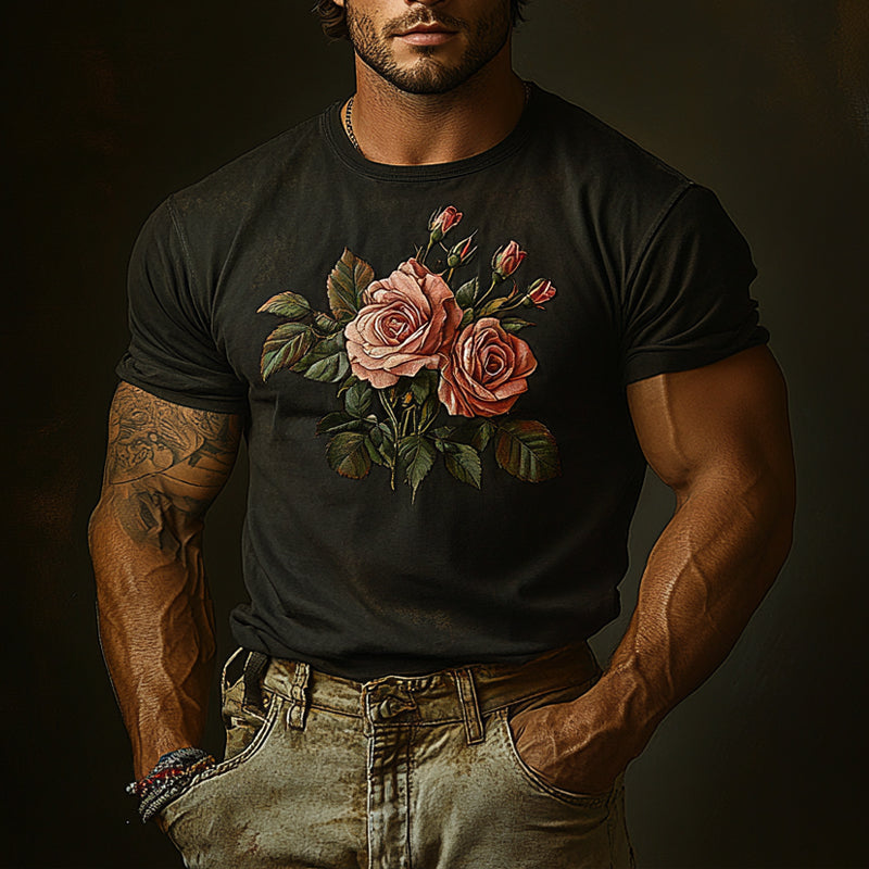 Men's Vintage Distressed Rose Embroidered Short-Sleeved T-Shirt 