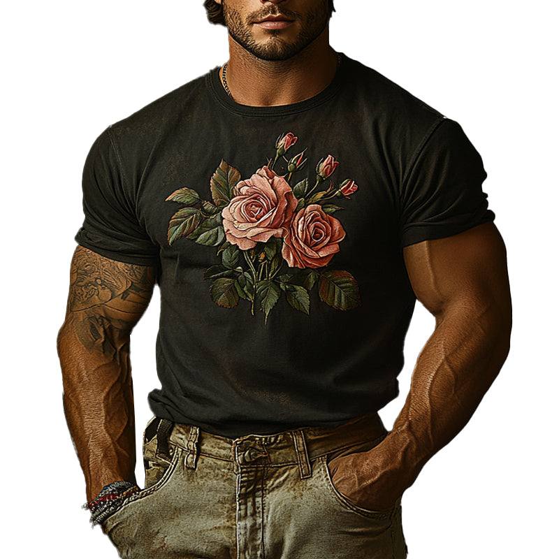 Men's Vintage Distressed Rose Embroidered Short-Sleeved T-Shirt 