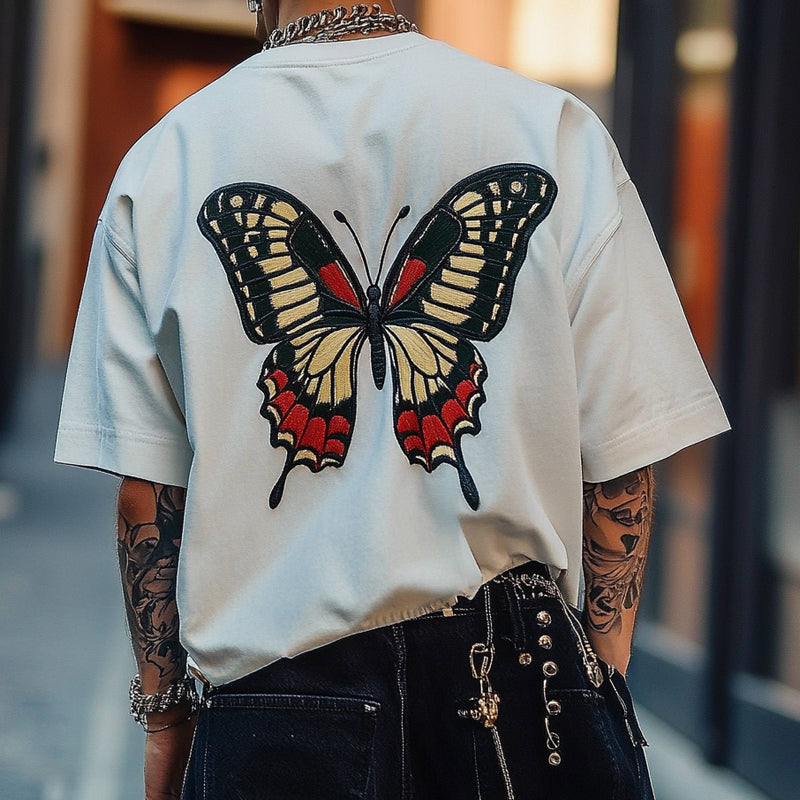 Men's Butterfly Embroidered Round Neck Short Sleeve T-Shirt 